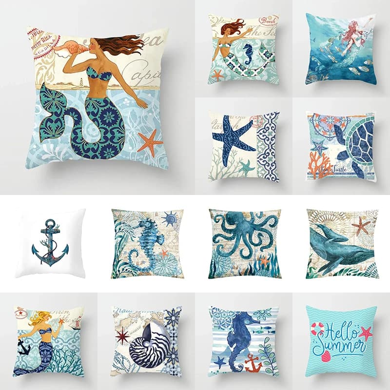 Federa per cuscino con stampa di sirena, fantasma marino, cavalluccio marino, polpo, federa a tema oceano, copricuscino per divano del soggiorno, decorazione per la casa