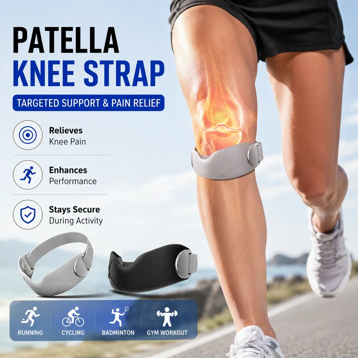 1 paio di cinturini di supporto per la rotula in silicone, regolabili, antiscivolo, traspiranti, con assorbimento degli urti, per uomo e donna, accessori sportivi