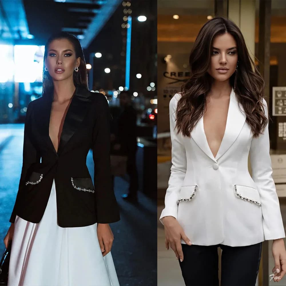 Abiti da donna eleganti con giacca a un bottone e pantaloni in raso, completo da due pezzi personalizzato W528