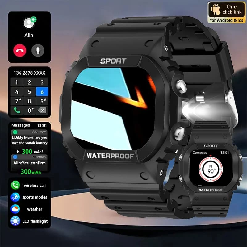 Newly Durable Smart Watch Men IP68 Waterproof LED Flashlight Sports BT Call Outdoor fitness Compass Smartwatch For Android ios