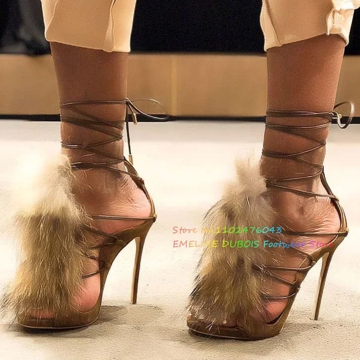 Boots with high heel with fur decoration Sexy women boots with open tip in suede stiletto heel with laces Elegant summer shoes for women