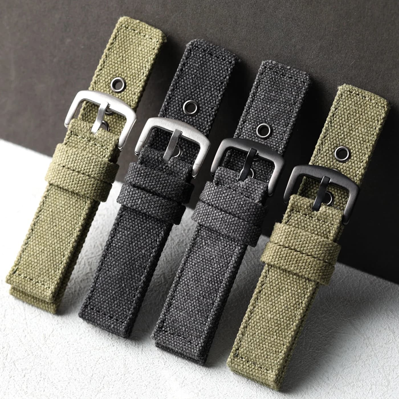 High end durable retro canvas strap, 20 22 24MM, black green double-layer thick men's strap, suitable for mountaineering soldier