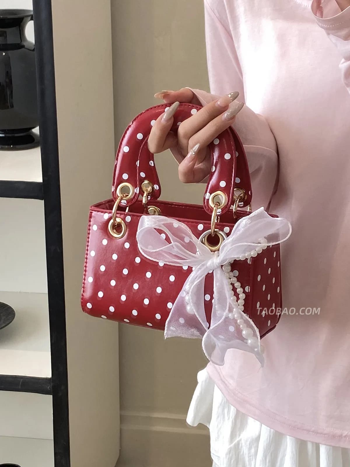 Red Polka Dot Mini Handbag for Women 2026 New Trendy Bow Decor Shoulder Bags Korean Style Cute Small Crossbody Purses