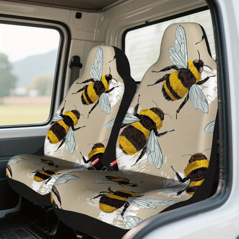 Set Of 2 Car Seat Covers Featuring Honey Bees On A Beige Background – Designed To Fit Universally, These Durable And Stylish Pro