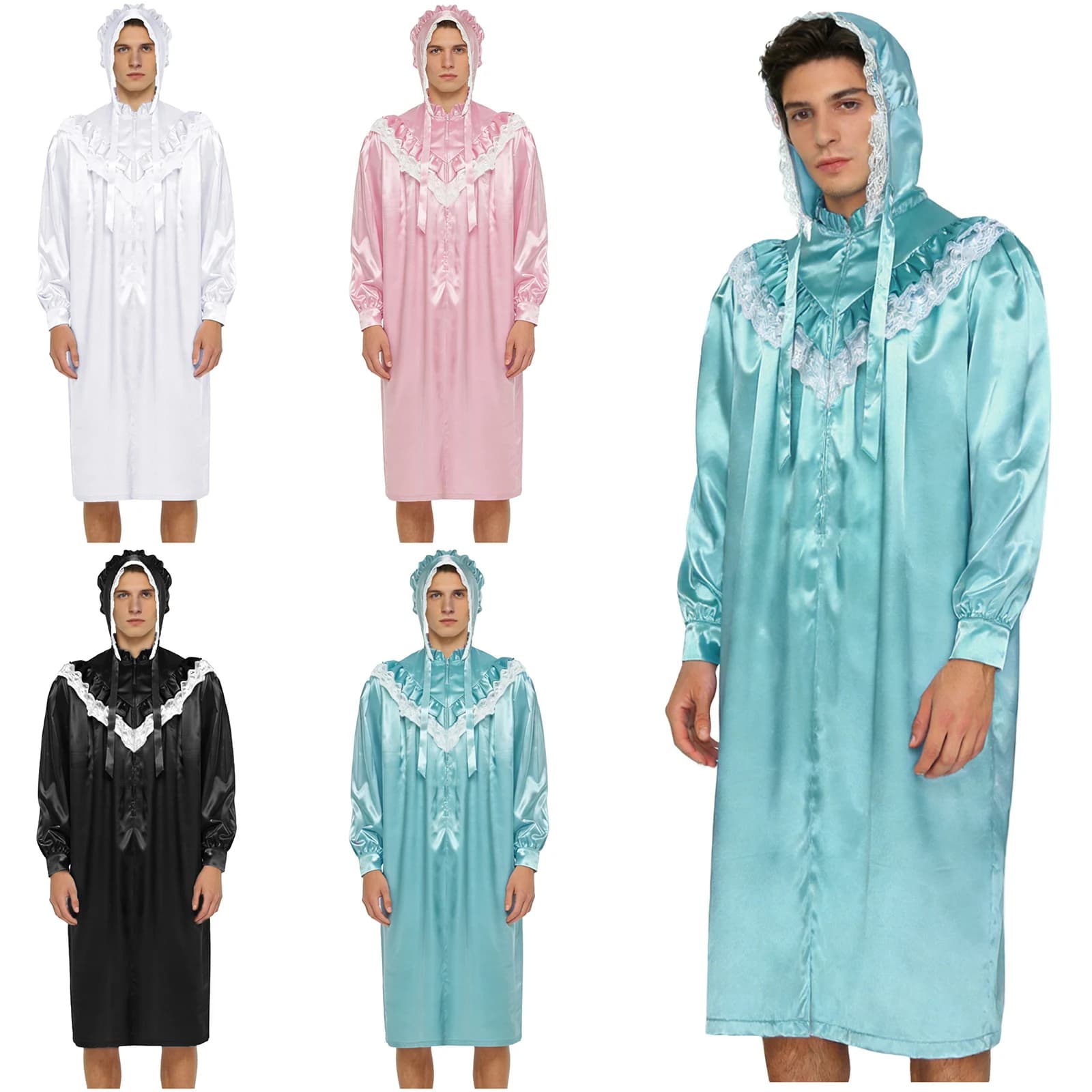 Camicie da Notte Vittoriane Vintage da Uomo con Cappello, Pigiama in Raso con Volant e Pizzo, Maniche Lunghe, Cerniera Frontale e Cappello con Lacci