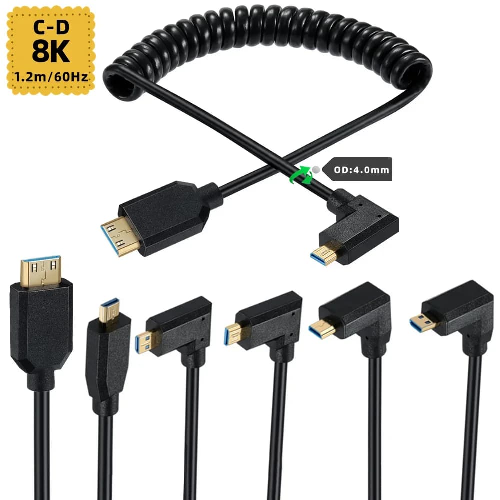 Micro HDMI Male Type D cable to Type C Mini HDMI Male Version 2.1 8K@60Hz 4K@120Hz with Spiral connector