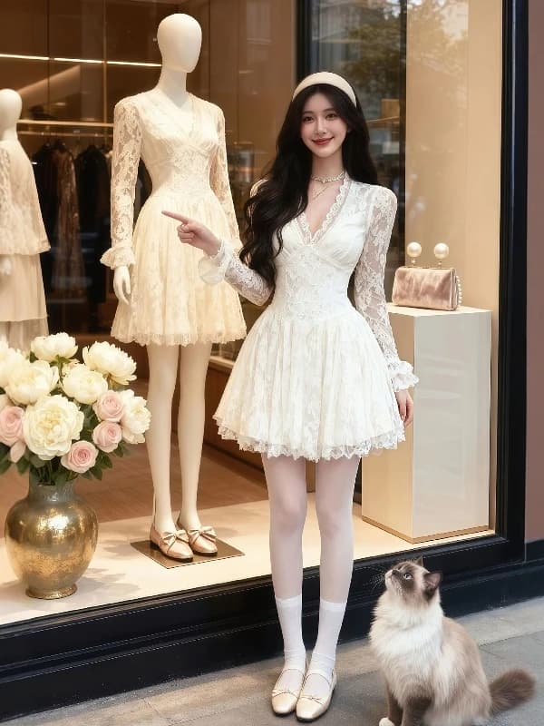 Elegante Abito in Pizzo a Maniche Lunghe con Scollo a V, Vestito Aderente a Linea A per Donna, Nuovo Stile Autunnale alla Moda