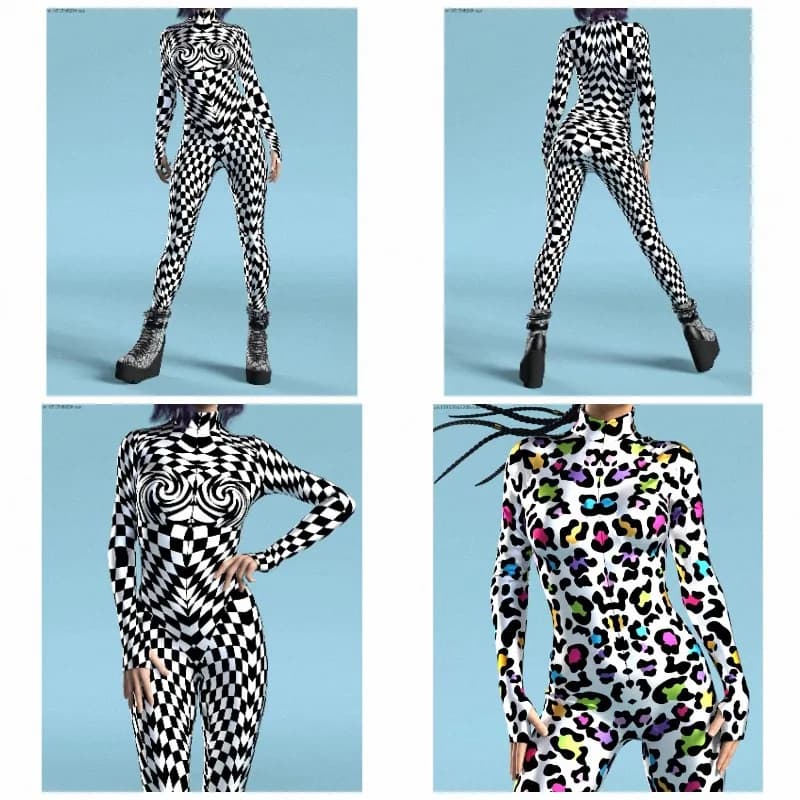 Black White Chess Grid Pattern Sexy Women Jumpsuit 3D Print Halloween Cosplay Costume Party Jumpsuit Carnival Cycling Bodysuit