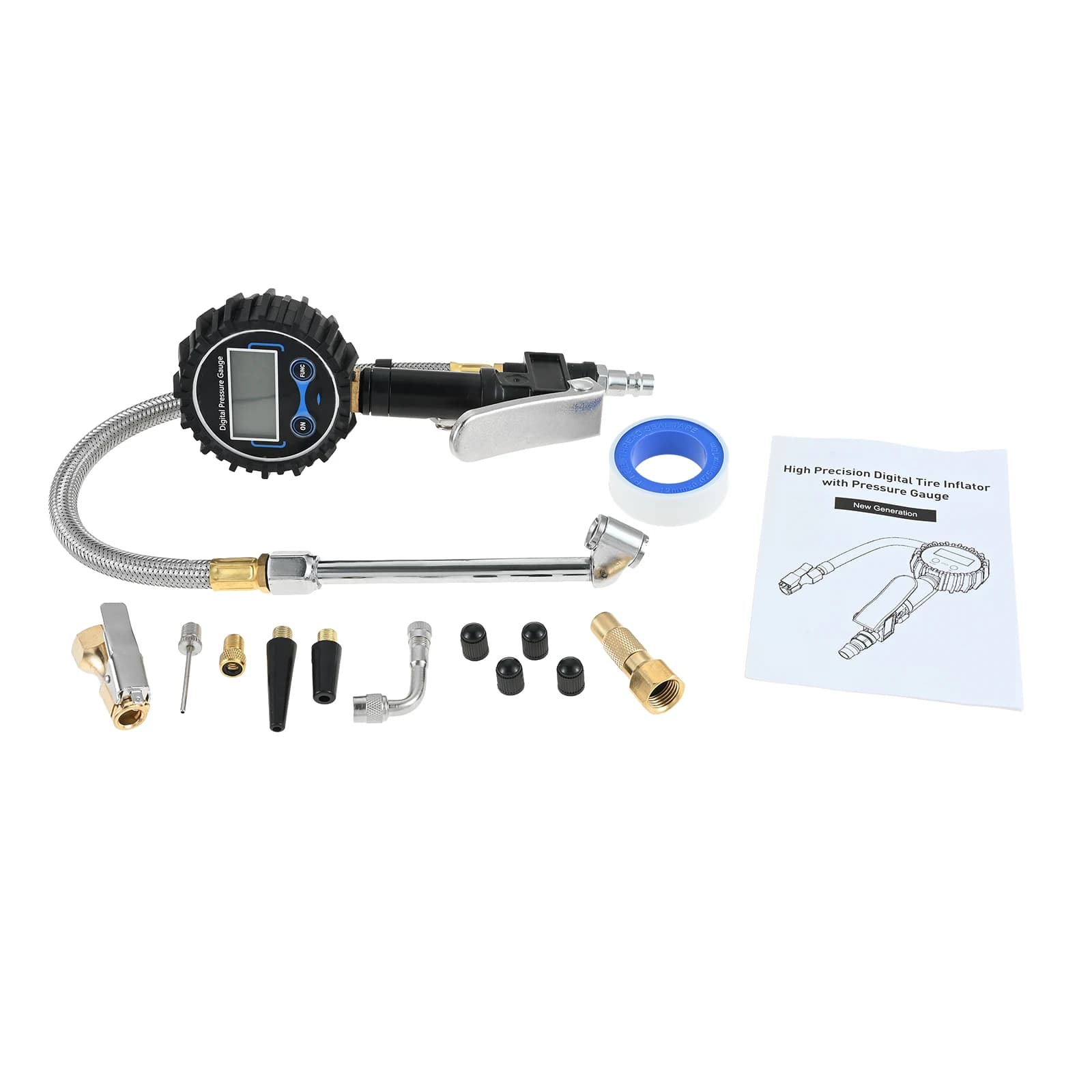 Accessori per compressori d'aria per mandrino d'aria per carichi pesanti da 200 PSI, protezione migliorata dalle perdite e manometro per pneumatici con tubo intrecciato in acciaio con gonfiatore