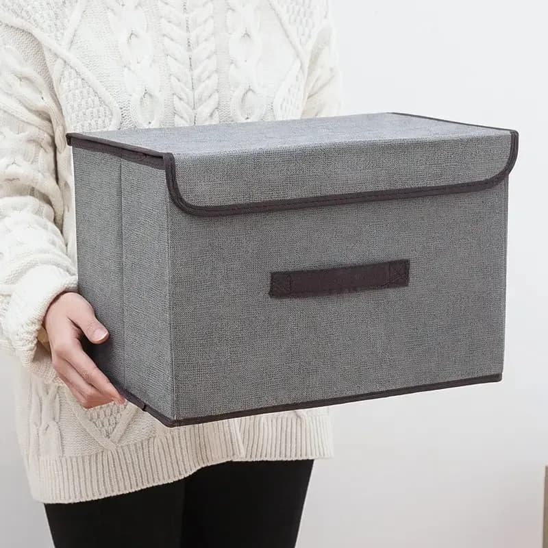 Grey foldable nonwoven fabric box with handle, home organizer for clothes, underwear, socks, toys, cosmetics, closet