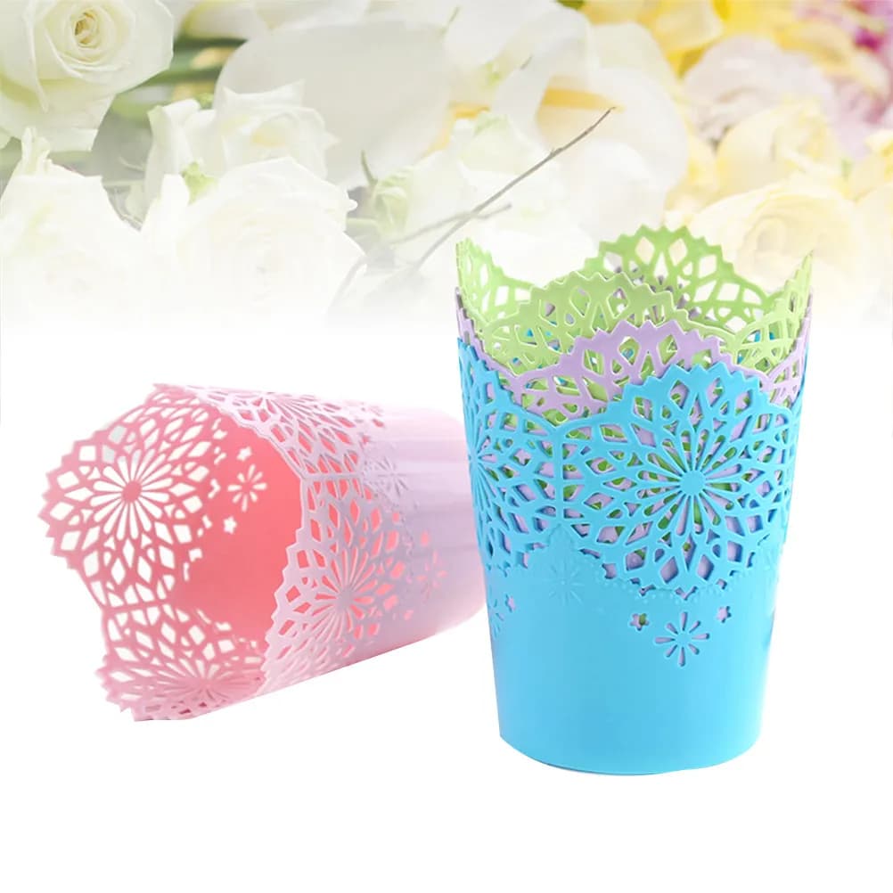 Set di 6 Portapenne da Scrivania con Bordo Floreale, Organizer Multiuso per Ufficio e Casa, Rosa, Viola, Blu