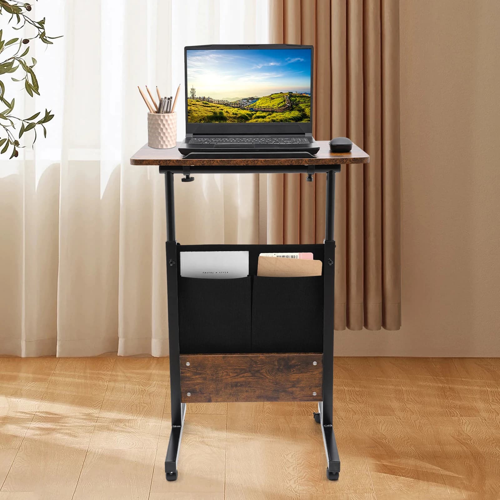 Scrivania in piedi regolabile in altezza, scrivania portatile per laptop, supporto per computer con rotelle con altezza regolabile per l'ufficio, soggiorno