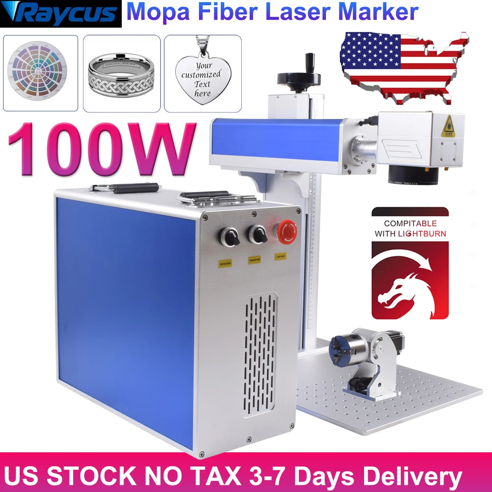 Laser Engraver MOPA 100 W Raycus 50 W (QB) Fiber Laser Marking Machine for Metal Steel Copper Target 200X200MM [STOCK USA]