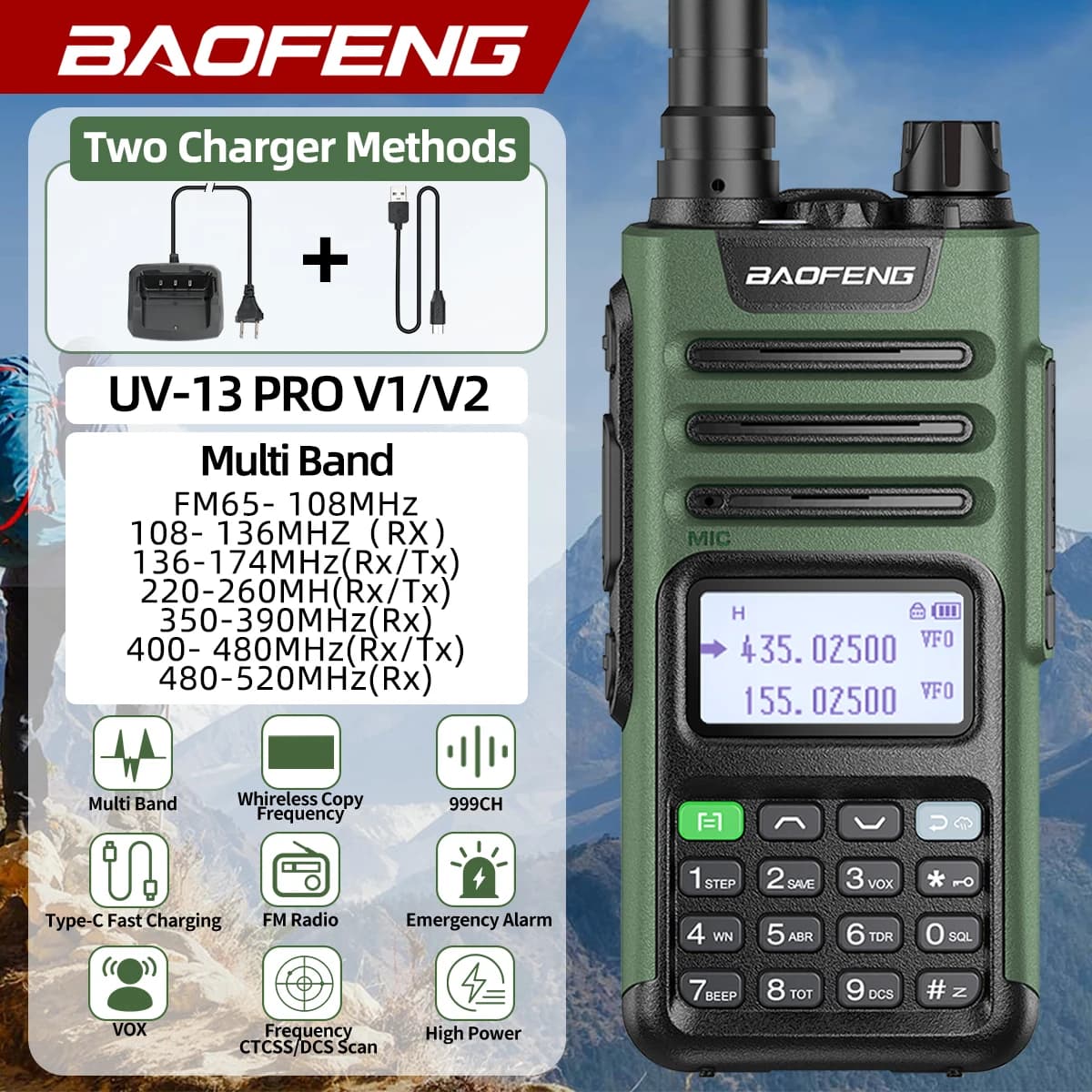 BaoFeng M-13 PRO V1 V2 Walkie Talkie multibanda ad alta potenza Tipo C Caricatore a lungo raggio aggiornato UV-13 PRO V1 V2 Ham Radio bidirezionale