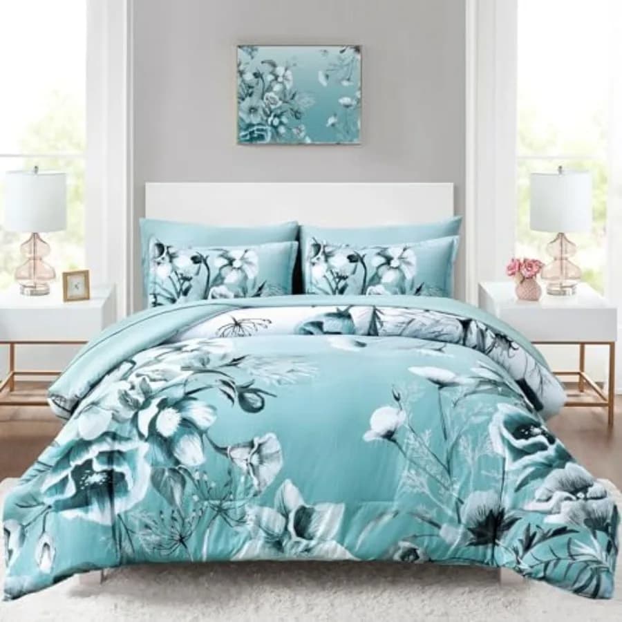 Set Copripiumino Floreale 7 Pezzi, Elegante Copripiumino con Motivi Floreali Sfumati e Set di Lenzuola in Morbida Microfibra Seersucker