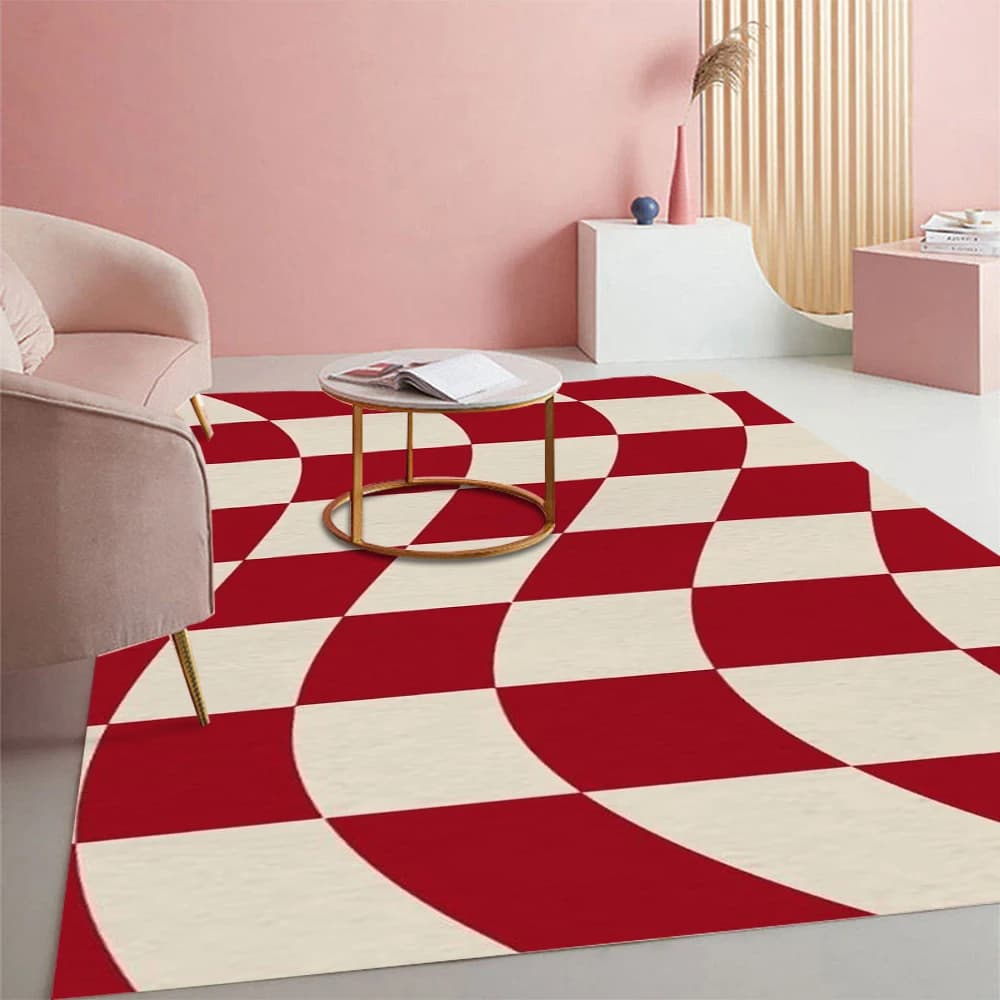Wavy Checkerboard Area Rug Non-Slip Washable Geometric Floor Mat Irregular Plaid Carpet for Living Room Bedroom Home Decor