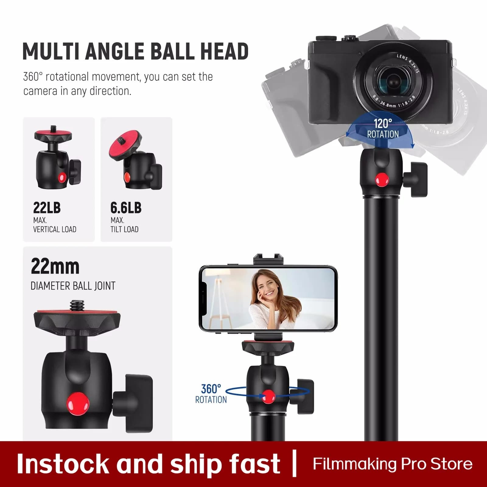 Supporto da scrivania per fotocamera NEEWER con supporto per telefono e rotazione a 360° ° Supporto per Luce da Tavolo con Testa a Sfera e Morsetto a C Telescopico 43-102cm, Vite da 1/4" per Fotocamera