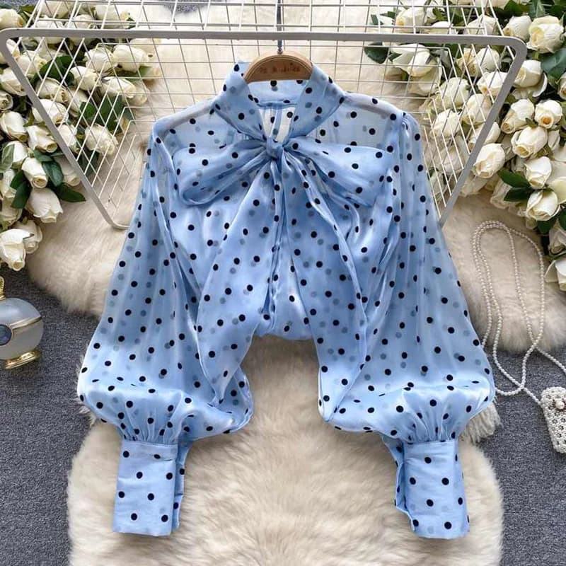 Women Spring Autumn Shirt Fashion French Retro Casual High-end Polka Dot Blouse with Bubble Sleeves Bow Design Blouse Top S263