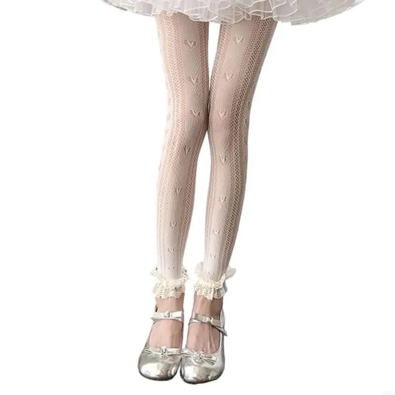 Collant a rete da donna 270D con motivo a cuore, leggings in pizzo senza collant senza
