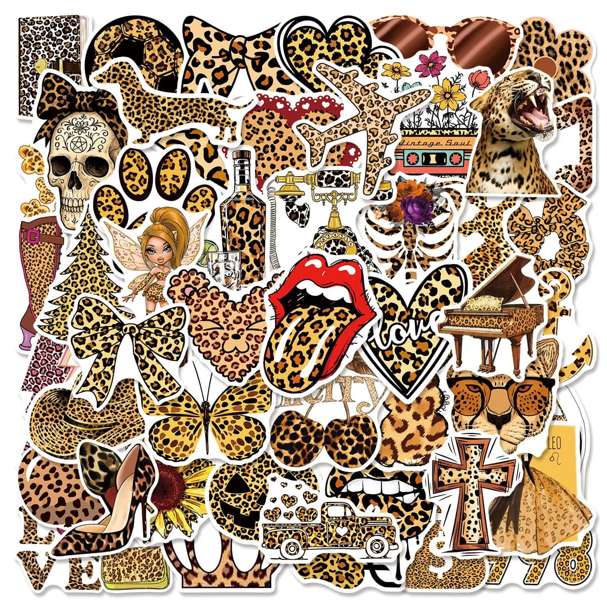50 Pezzi Adesivi Impermeabili a Tema Leopardo e Lettere d'Amore, per Laptop, Moto, Bagagli, Snowboard, Frigorifero, Telefono, Auto