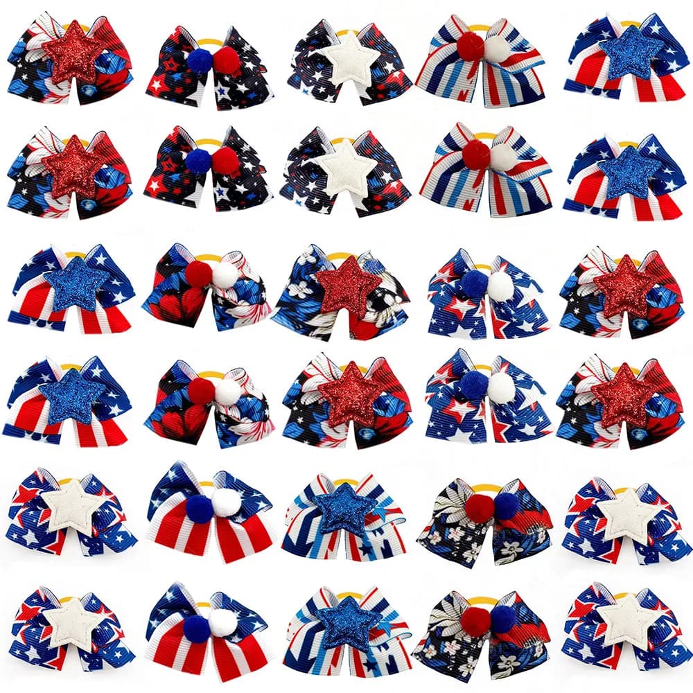 50/100 Pezzi Fiocchi per Cani Piccoli, Fiocchi per Cuccioli e Gatti del 4 Luglio con Elastici, Accessori a Stella per Cani, Fiocchi per Toelettatura Canina