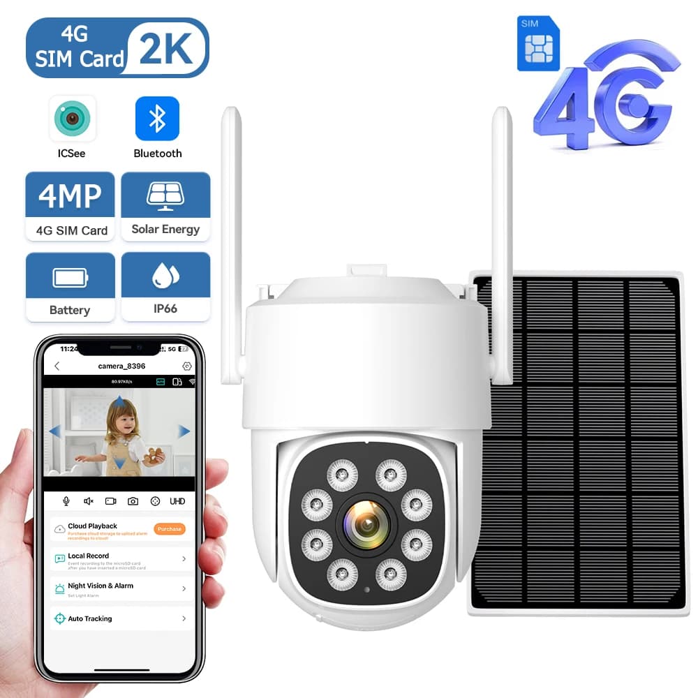 Telecamera di Sorveglianza Solare 4G 2K 4MP con Visione Notturna a Colori, Batteria Integrata, Video 24/7, AOV, per Esterni, App iCSee