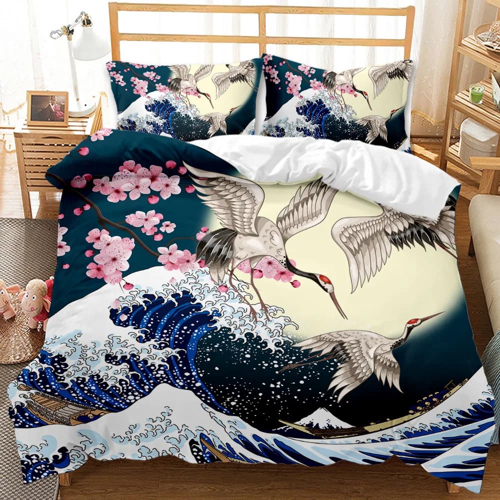 Set copripiumino in stile giapponese Gru con fiori di ciliegio 2/3 pezzi Set biancheria da letto in poliestere Set copripiumino con onde marine Twin Queen Size