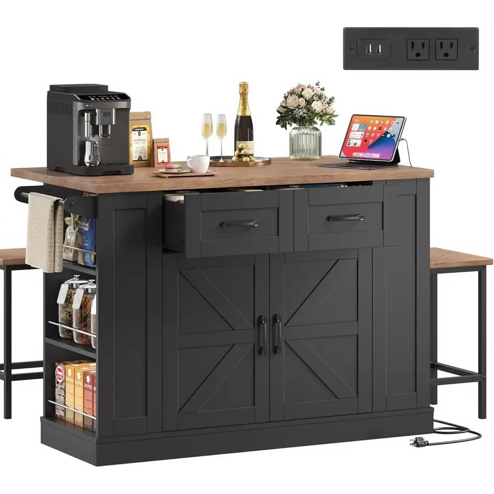Isola da cucina mobile da 51 pollici con piano ribaltabile, presa di corrente, 2 sgabelli, scaffale portaoggetti e portasciugamani in nero