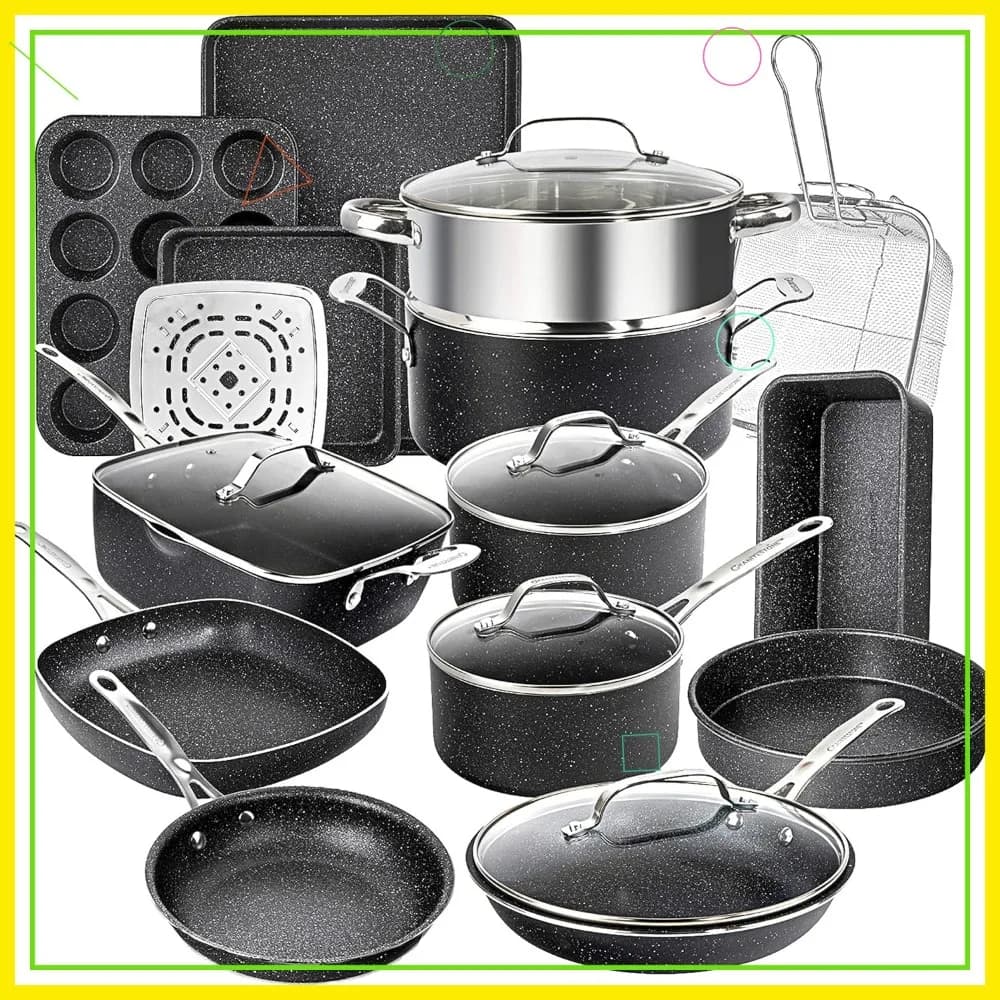 Set di 20 Pentole e Padelle Antiaderenti con Padella, Teglia e Vaporiera, Rivestimento Diamantato, Senza PFOA, Adatto al Forno