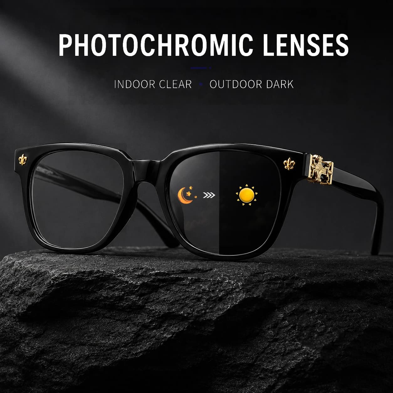 Photochromic Sunglasses Women Men UV400 Clear To Dark Fashion Square Glasses Luxury Cross Decor Outdoor Driving Eyewear
