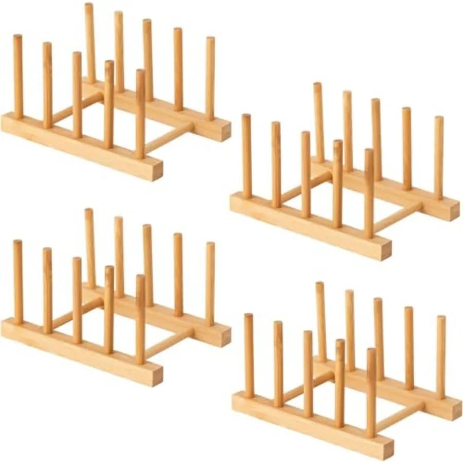 4 Pcs Bamboo Wooden Dish Rack, Plate Organizer for Cabinet Space Saver and Kitchen Counter, Bowl/Cup/Pot Lid/Cutting Board Dryi