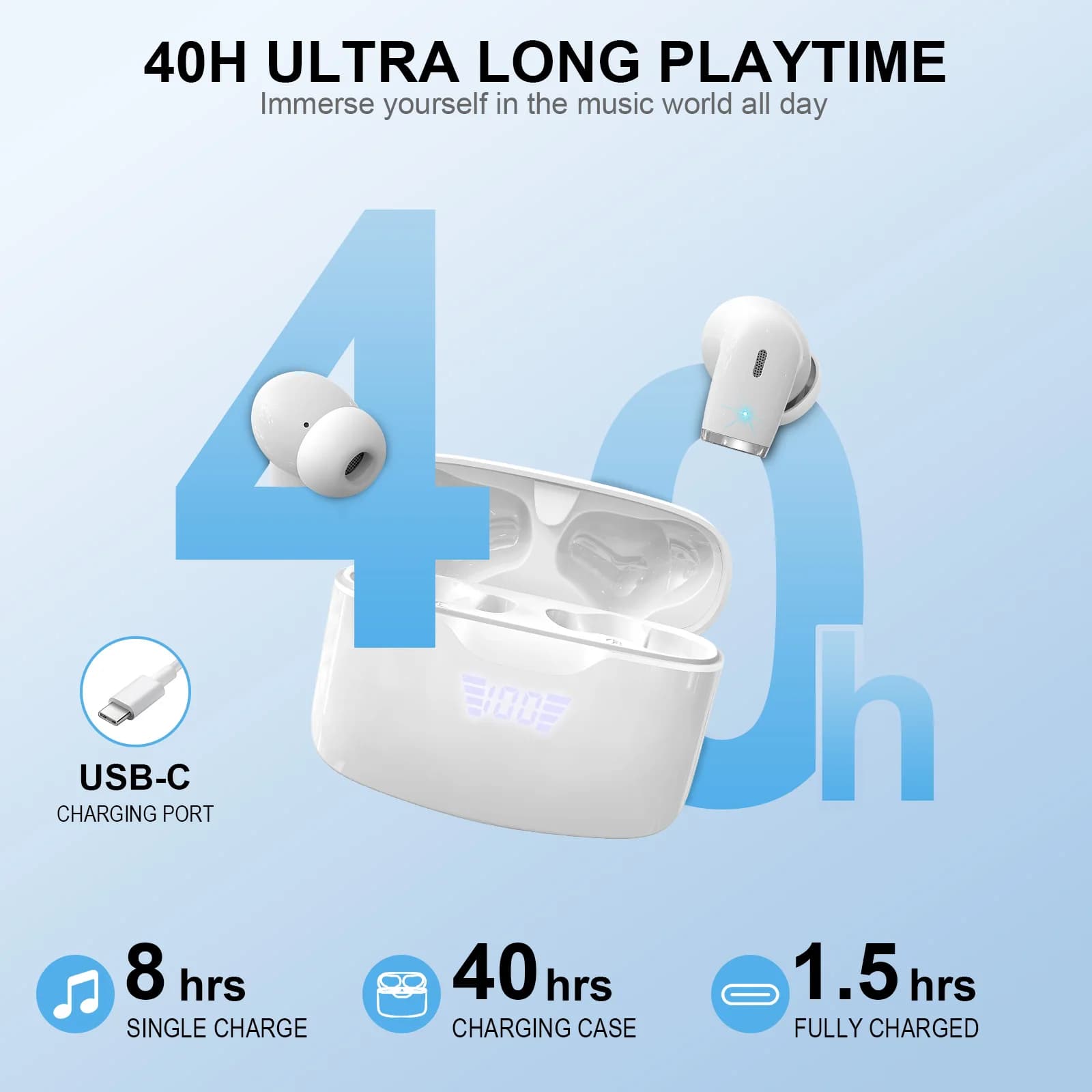 Wireless earphones, Bluetooth 5.3 Microphone with integrated noise cancelling, wireless earphones with LED display with 40 hours of playback.