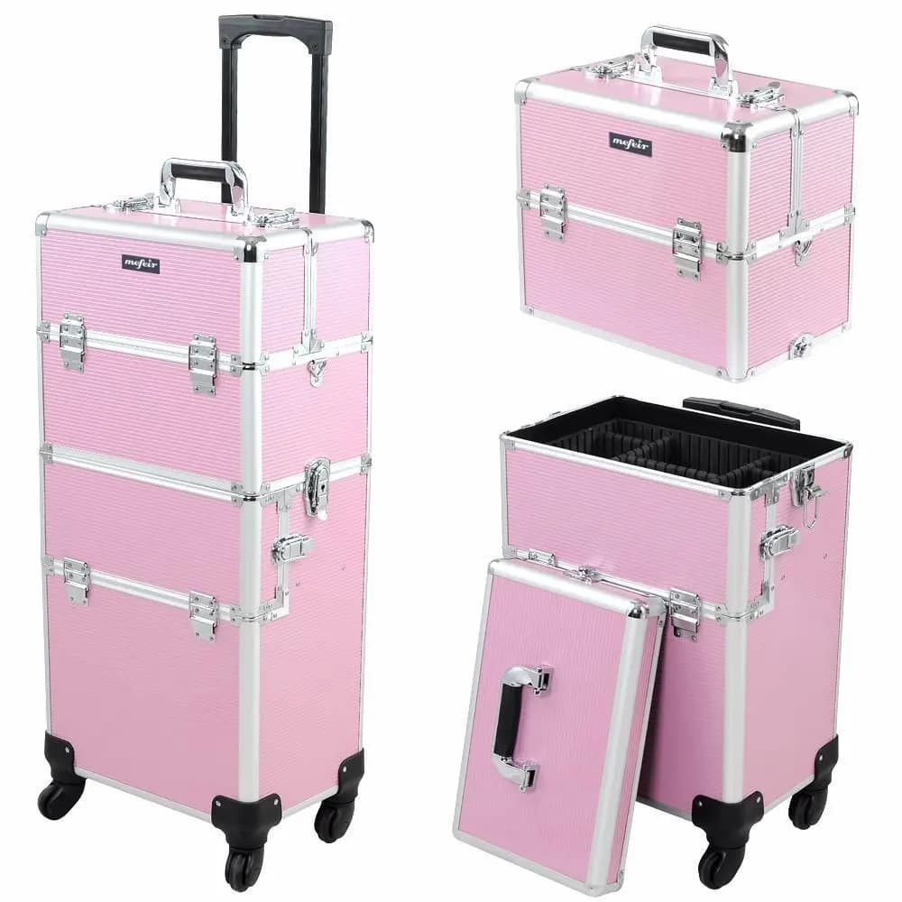 Valigetta per trucco con rotelle 2 in 1 con ruote rimovibili, bagaglio per riporre oggetti di bellezza con serratura in rosa