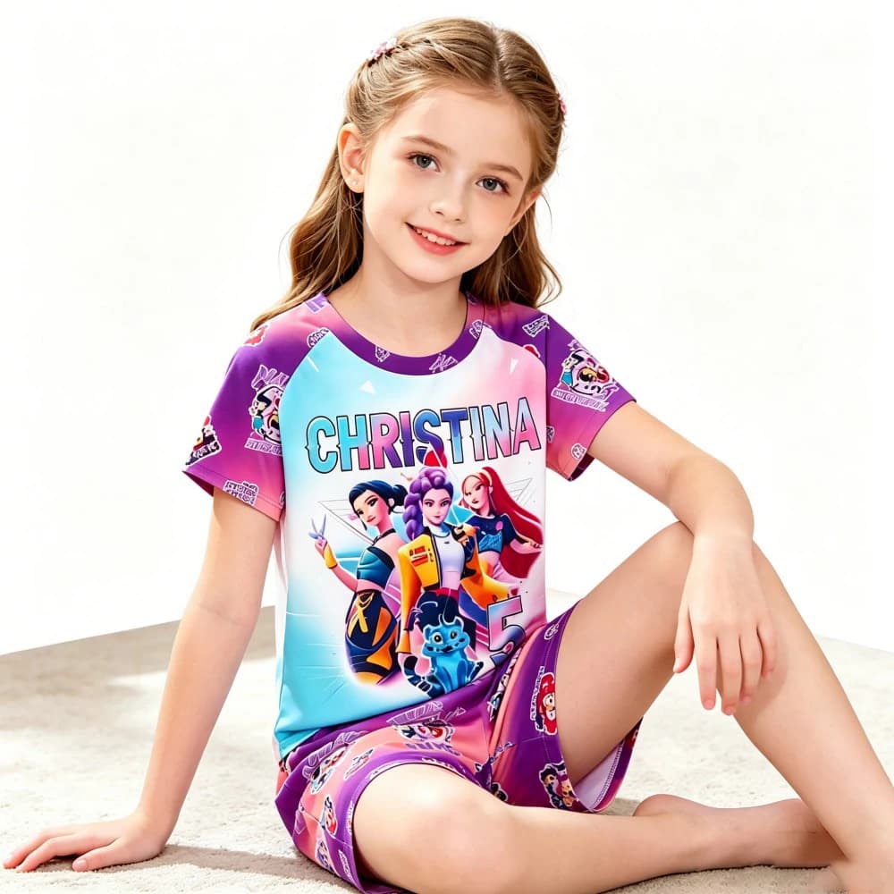 Pigiama per Bambini con Cartoni Animati, Set da Notte per Bambine 3-6-9-12-14 Anni, 2 Pezzi: T-shirt a Maniche Corte + Pantaloncini, Abbigliamento da Casa