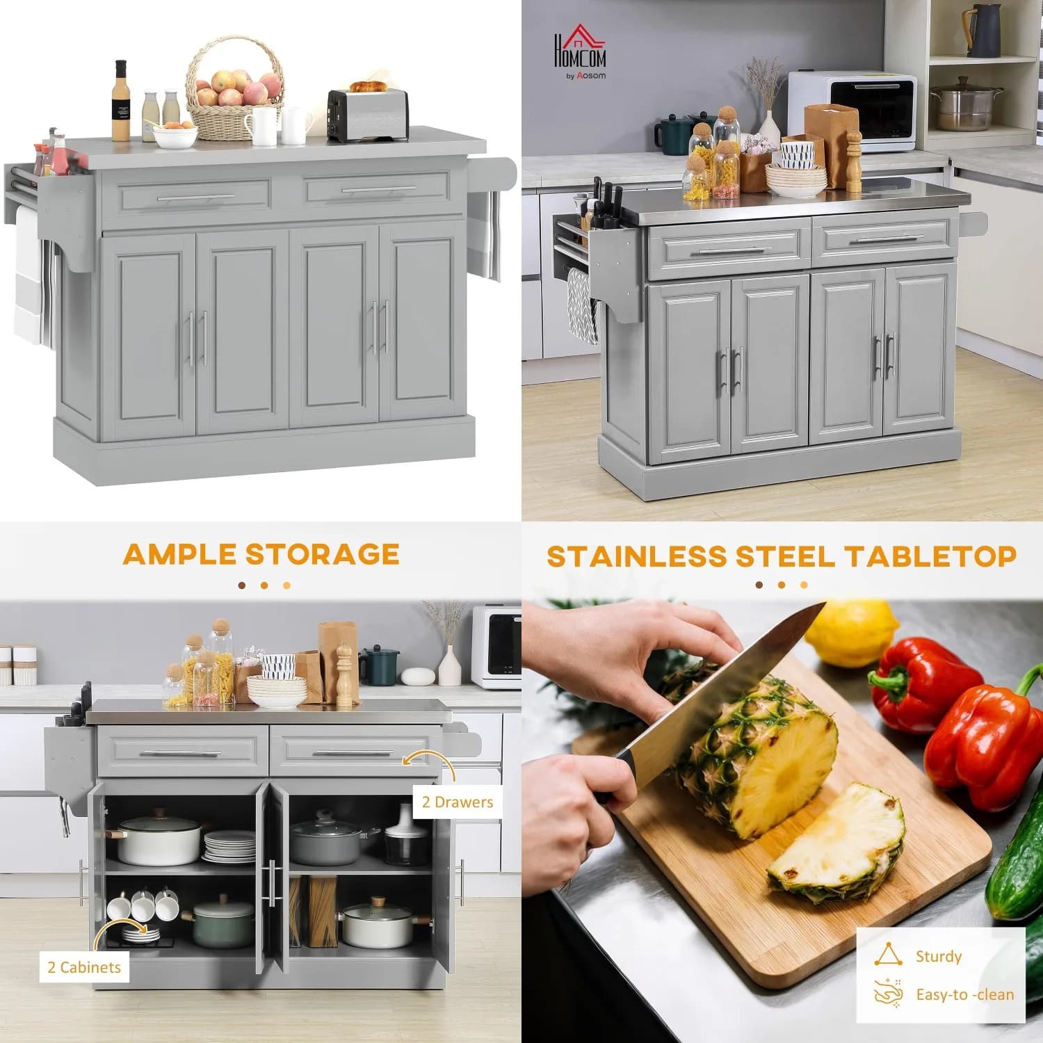 Carrello da Cucina con Ruote 47 Pollici, Piano in Acciaio, Ripiani Regolabili, Cassetti, Porta Spezie, Porta Coltelli, Porta Asciugamani, Grigio, Personalizzabile