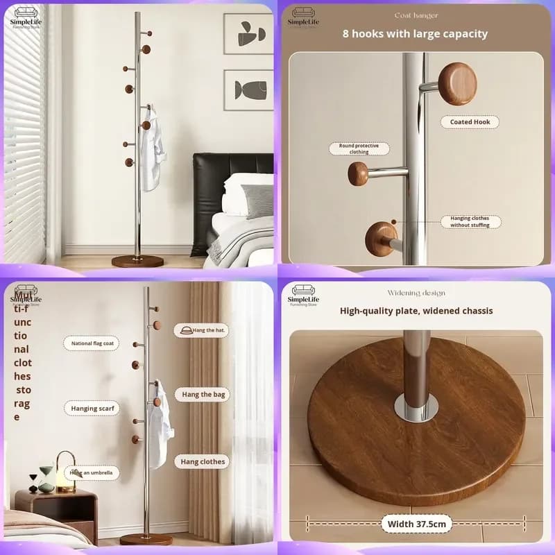 Solid Wood Stainless Steel Floor to Ceiling Coat Rack Simple Standing Clothes Hanger Organizer for Bedroom Entryway Hallway