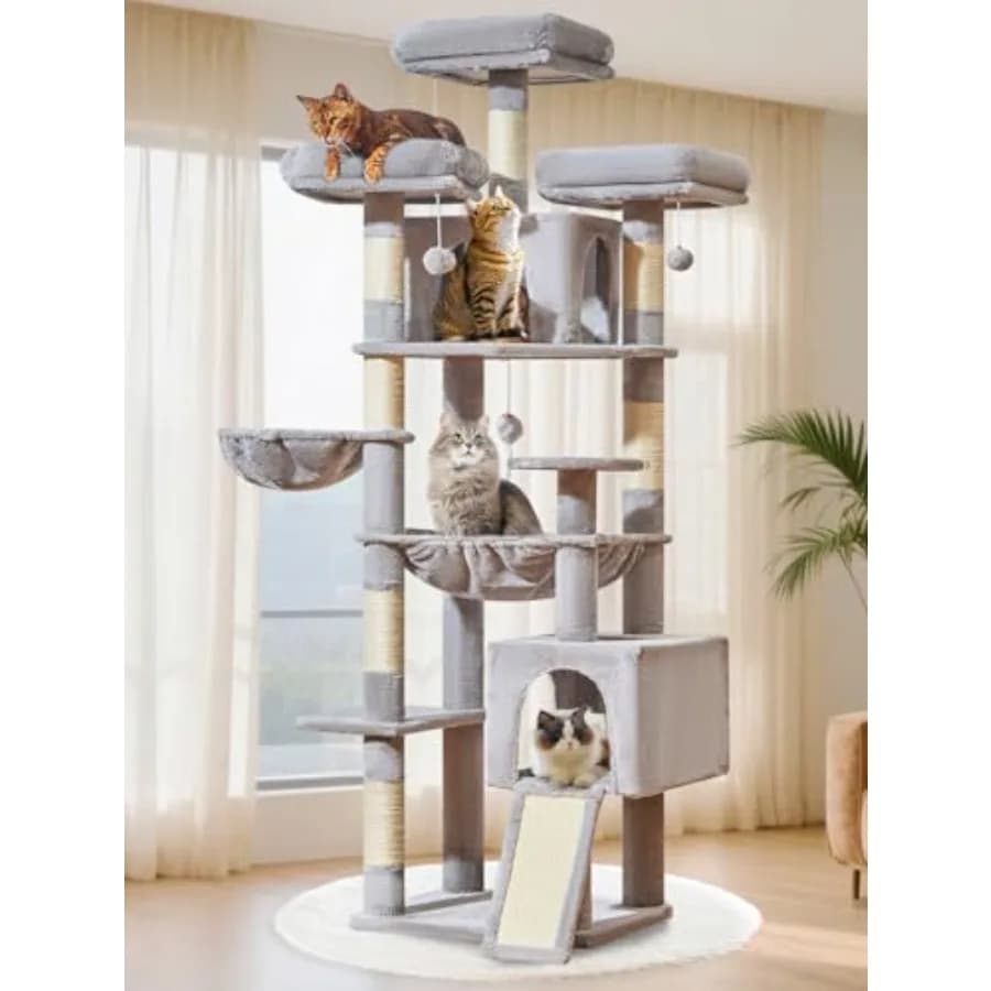 Albero per Gatti XXL da 76 Pollici per Gatti Grandi, Torre Gigante per Gatti con Tiragraffi in Sisal, Amaca Extra-Large in Metallo, 3 Posti e 7 Tiragraffi in Sisal
