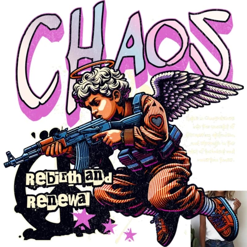 Trendy Chaos Angel With Gun Heat Transfer White Ink Iron - on Patch, Street - style Pattern, Suitable for T - shirts, Canvas