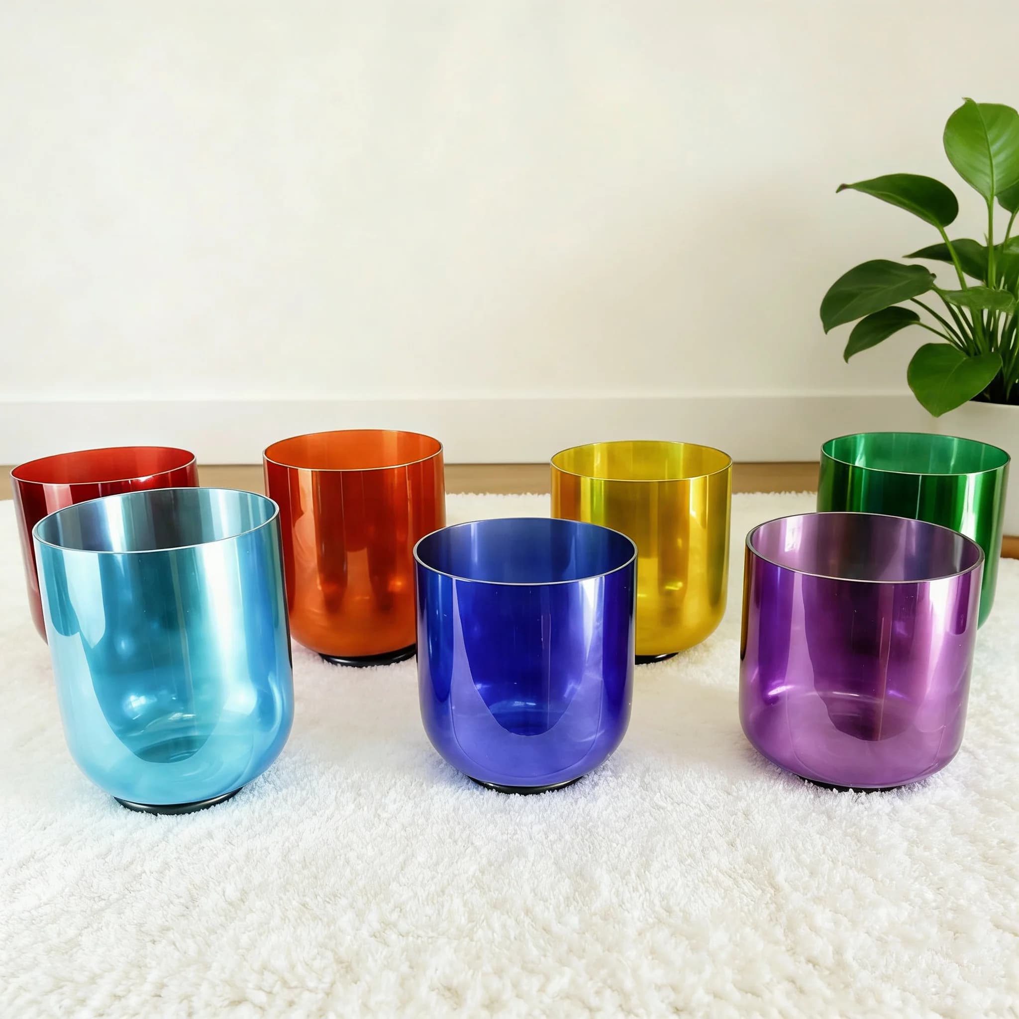 Hey-eun 7pcs Colored Alchemy Cosmic Light Clear Quartz Crystal Singing Bowl Set for Sound Healing with Free Mallets and O-rings