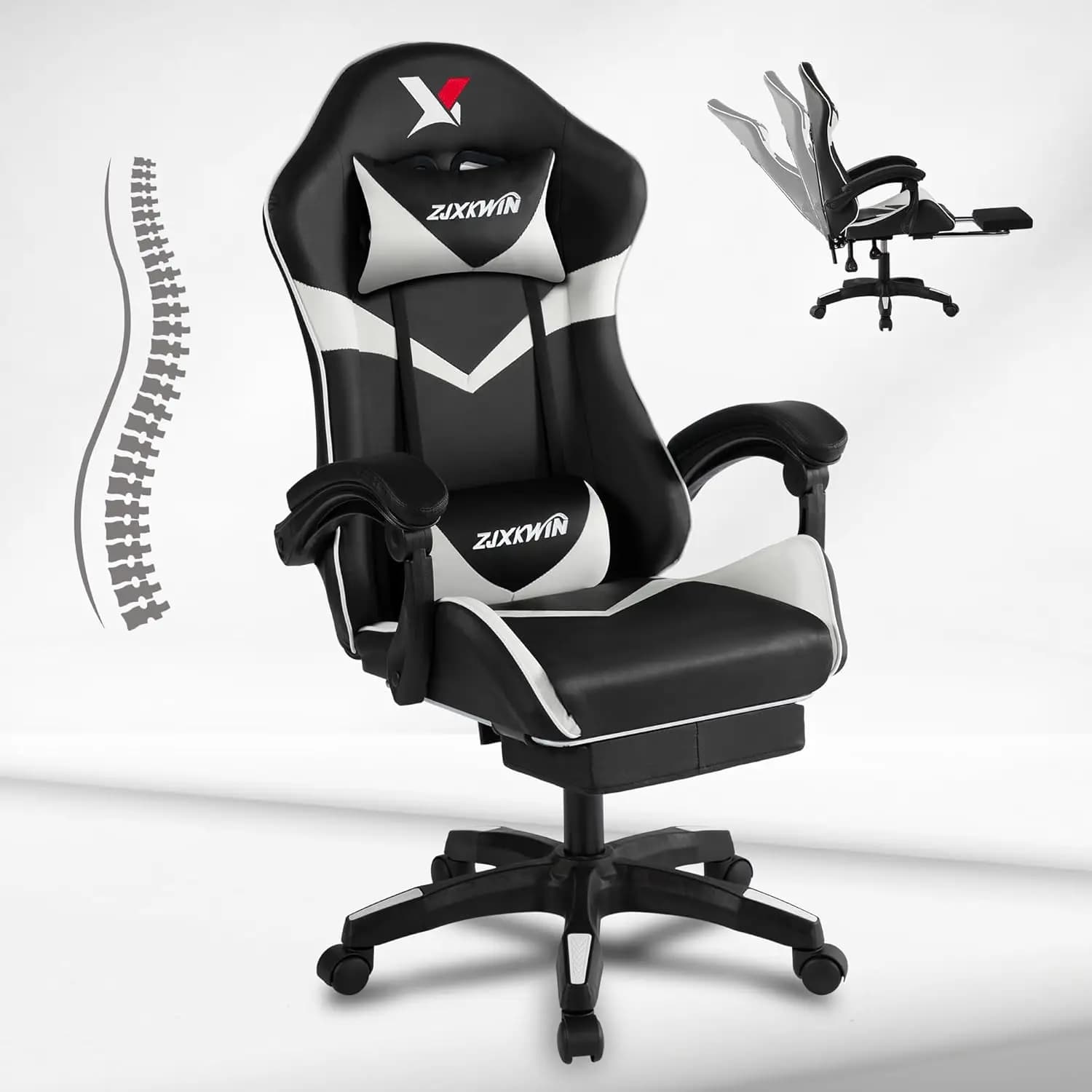 Ergonomic Gaming Chair, High Back PU Leather Office Chair with Footrest, Adjustable Lumbar Support & Headrest, 360° Swivel Compu