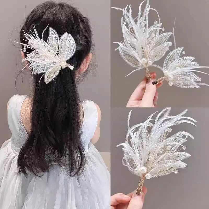 Fairy Feather Hair Clips for Girl Princess Kids Sided Clips Barrettes Hanfu Headdress Children Performance Headwear