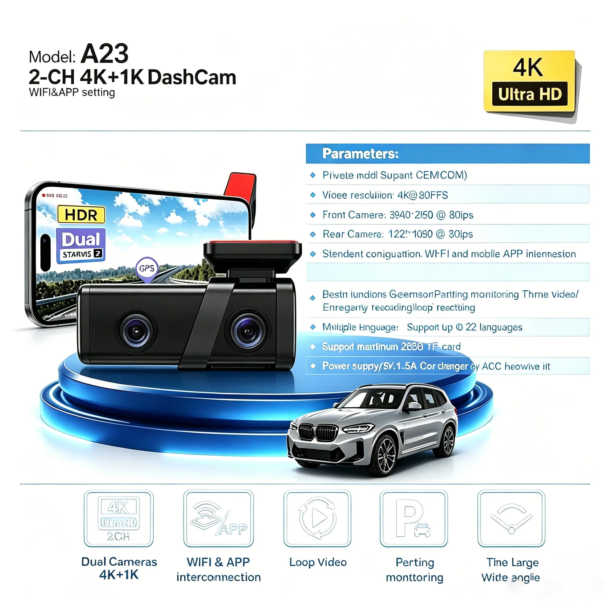 A23 Hidden Dual Recording Car Dash Cam G-Sensor Collision Detection Vehicle Recorder