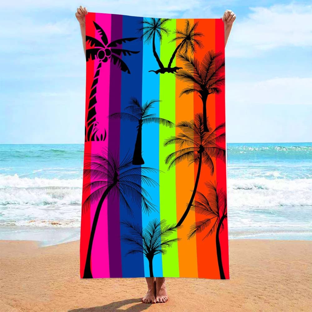 Asciugamano da spiaggia con palme a righe arcobaleno, in microfibra, ad asciugatura rapida, assorbente, leggero, tropicale, per spiaggia, piscina, vacanze, viaggi