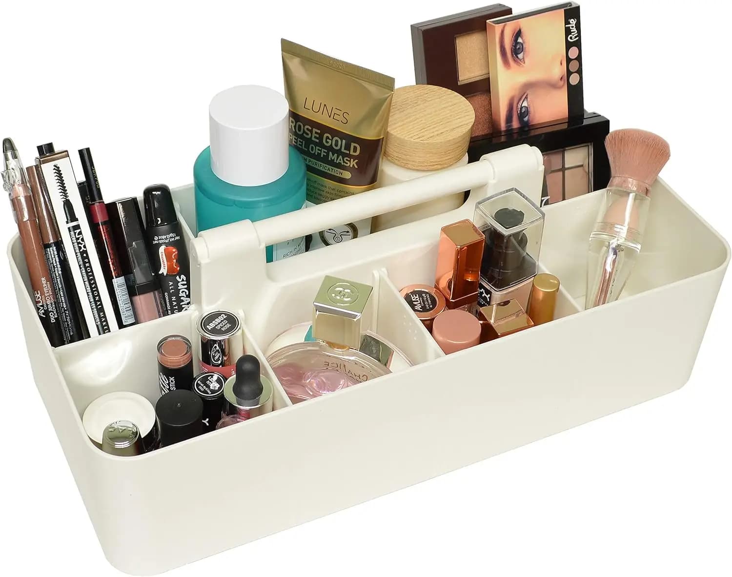 Grande Organizzatore per Trucchi in Plastica con Manico, Divisori Rimovibili, Contenitore Portatile per Bagno, per Pennelli, Palette, Rossetti, 15x7x5.1in