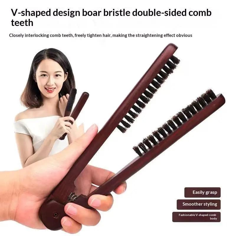 V-Shape Anti-Static Boar Bristle Straightening Comb Paddle Brush Hair Straightener Styling Tool For Smoothing & Detangling