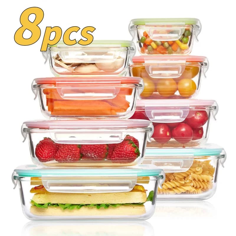 8Pcs Sealed Glass Food Storage Box Leakproof Lock Lid Microwave Oven Freezer Dishwasher Safe Rectangle Meal Prep Container