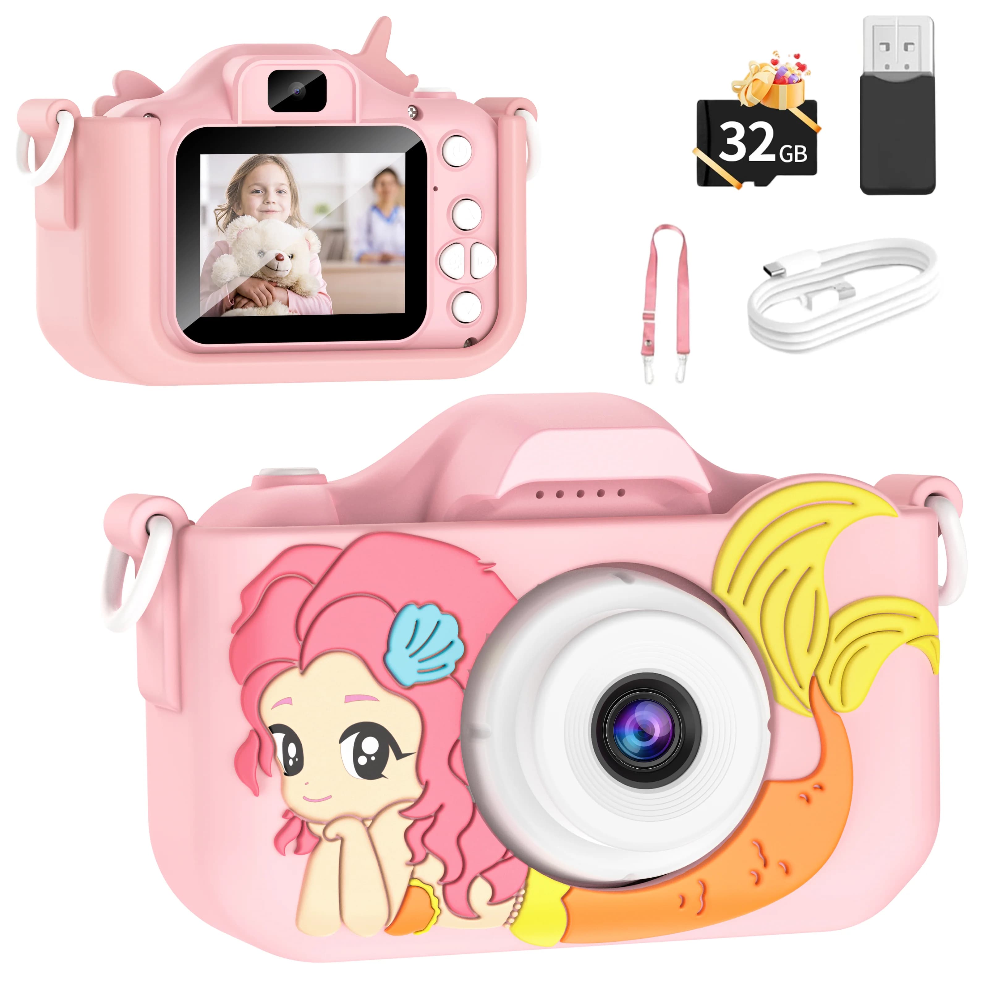 Fotocamera digitale per bambini con scheda 32G Toy Girl Boy Schermo HD 1080p Fotocamera per cartoni animati per esterni Fotografia Video Regali di compleanno