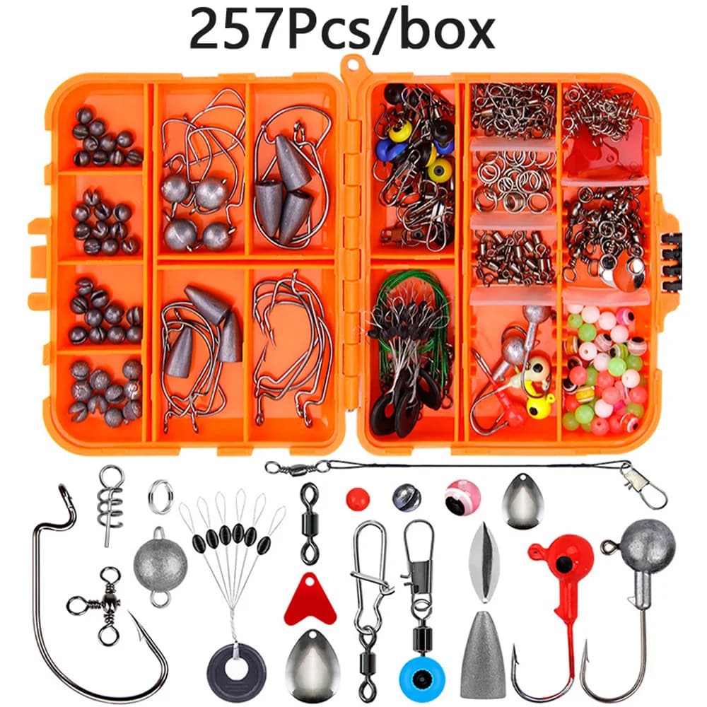 165/141/257pcs Portable Rock Fishing Accessories Kit Tackle Set Sea Hooks Sinkers Swivels for Freshwater and Saltwater with Box