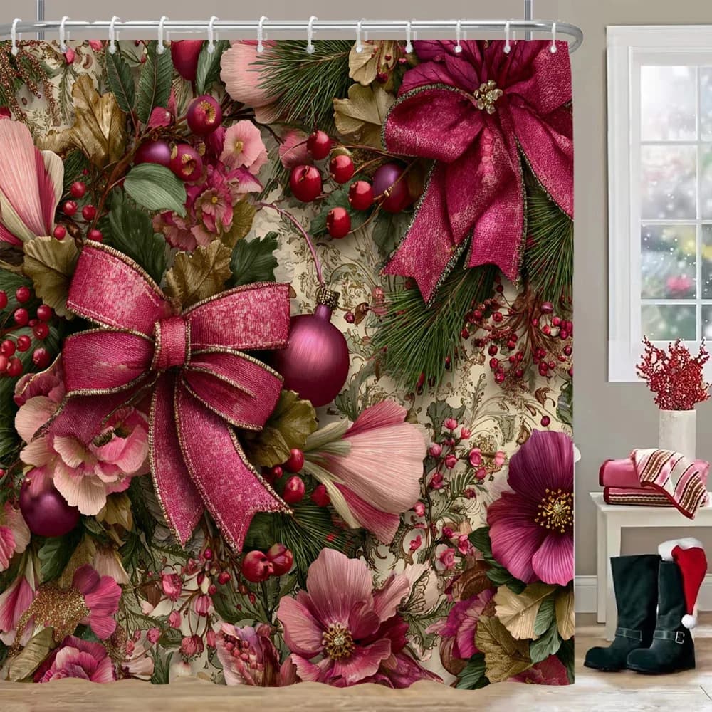 Christmas Shower Curtains Christmas Gift Red Christmas bells Washable Home Bath Curtain Bathroom Decor