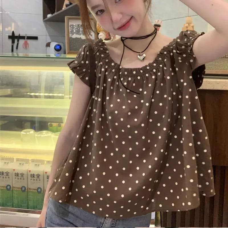 Camicetta allentata a pois con temperamento coreano Estate nuova camicia sottile a maniche corte con stampa moda giovanile Ops abbigliamento casual dolce donna